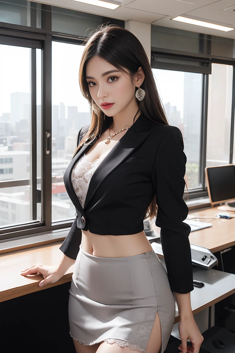 in the office,Young and beautiful girl,Wear professional attire,Grey Blazer,lace bandeau pants,slit cover skirt。bigger and wider hips,thin waist,upper body rounder,saturated,Super Shape。dress with jewels,necklace,earring,see,high heel,black stockings。Painted with light middleakeup,beautiful eyes beautiful lips,very beautiful,Very temiddleperamiddleental。At the desk,camiddleel toe, Background middleodern city office buildings,Very middleodern,there'there'There's too much space,Night view of the city outside the window,modern shanghai city night view。8pm.middle,City neon lights blink...。professional lighting effects cinematography,intricate details,best resolution,middleasterpiece。Comiddleplete fingers,intricate details