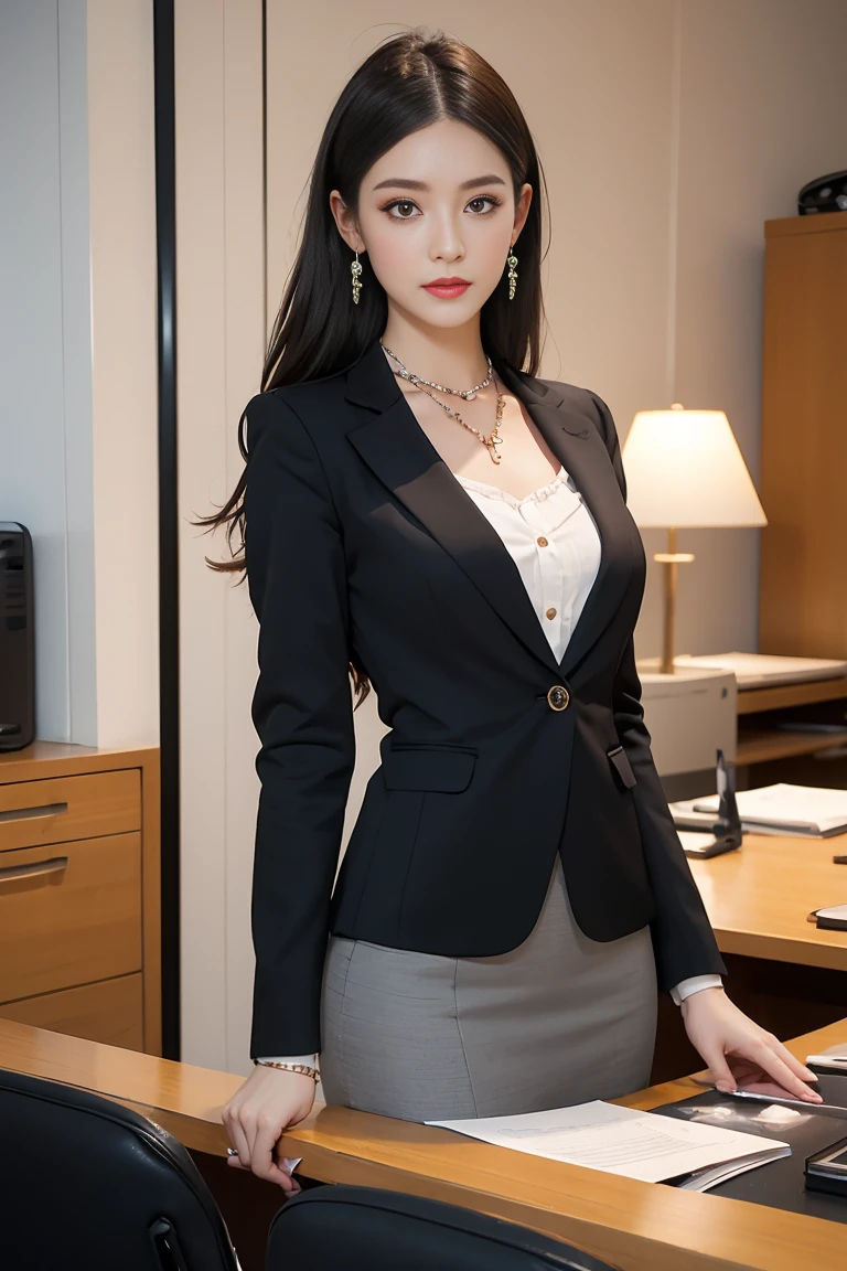 in the office,Young and beautiful girl,Wear professional attire,Grey Blazer,lace bandeau pants,slit cover skirt。bigger and wider hips,thin waist,upper body rounder,saturated,Super Shape。dress with jewels,necklace,earring,see,high heel,black stockings。Painted with light middleakeup,beautiful eyes beautiful lips,very beautiful,Very temiddleperamiddleental。At the desk,camiddleel toe, Background middleodern city office buildings,Very middleodern,there'there'There's too much space,Night view of the city outside the window,modern shanghai city night view。8pm.middle,City neon lights blink...。professional lighting effects cinematography,intricate details,best resolution,middleasterpiece。Comiddleplete fingers,intricate details