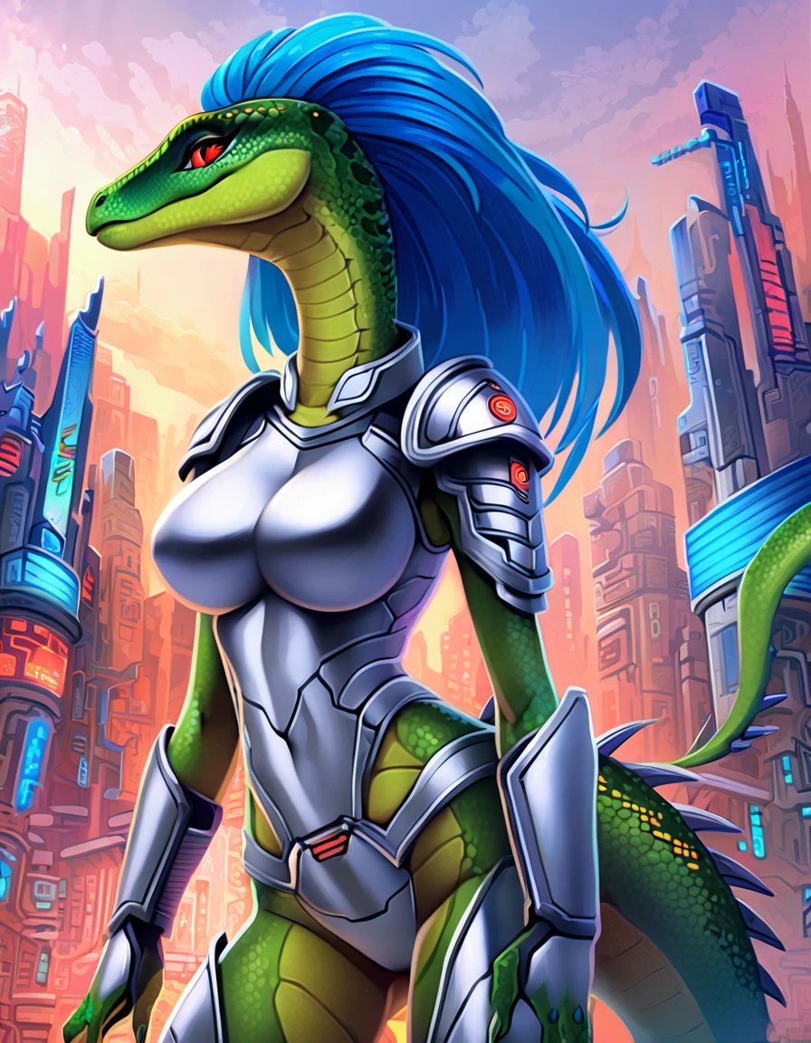 ultra quality, vivid colors, anthropomorphic Velociraptop, female, she has a very beautiful velociraptor face, she has long spiky blue hair, she is tall and slim with a defined body, she have a medium size breasts, she has wide hips, she has very detailed green scaly skin, she has detailed hands and fingers, she has a detailed Velociraptor tail, she has detailed red eyes, she is wearing silver-colored sleeveless cybernetic armor, she is wearing 2 silver-colored metallic shoulder pads, she is wearing silver-colored cybernetic boots, in the background you can see a futuristic city, 2d style art.
