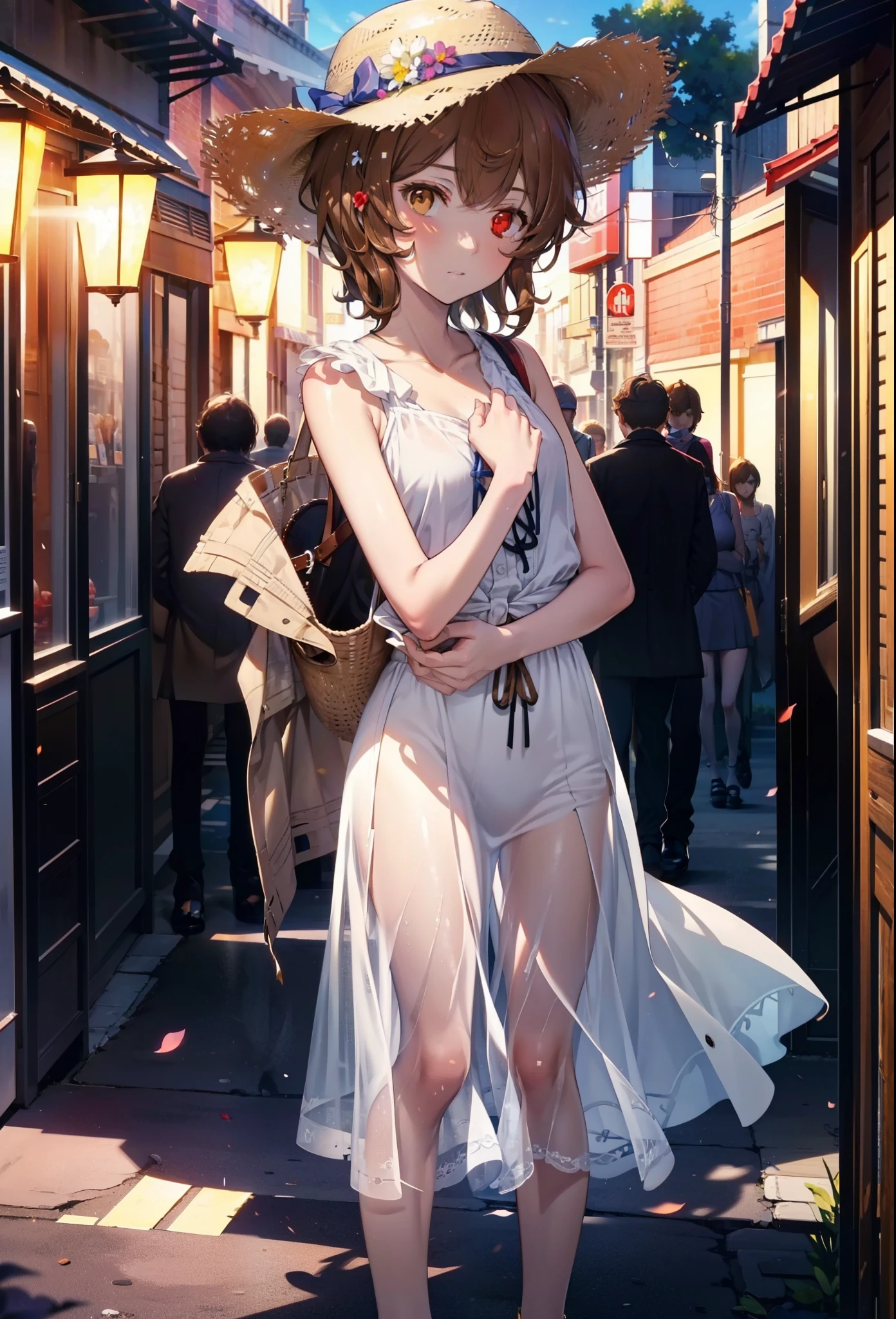 Lililukarde, Liliruka gets burned, , (Brown eyes:1.7), Brown Hair, (Flat Chest:1.2), Straw hat short hair,White sleeveless dress,Long skirt,Heeled Sandals,Walking,sunset,evening,The sun is setting,whole bodyがイラストに入るように,
break looking at viewer,whole body,
break outdoors, Building district,
break (masterpiece:1.2), Highest quality, High resolution, unity 8k wallpaper, (figure:0.8), (Beautiful attention to detail:1.6), Highly detailed face, Perfect lighting, Highly detailed CG, (Perfect hands, Perfect Anatomy),