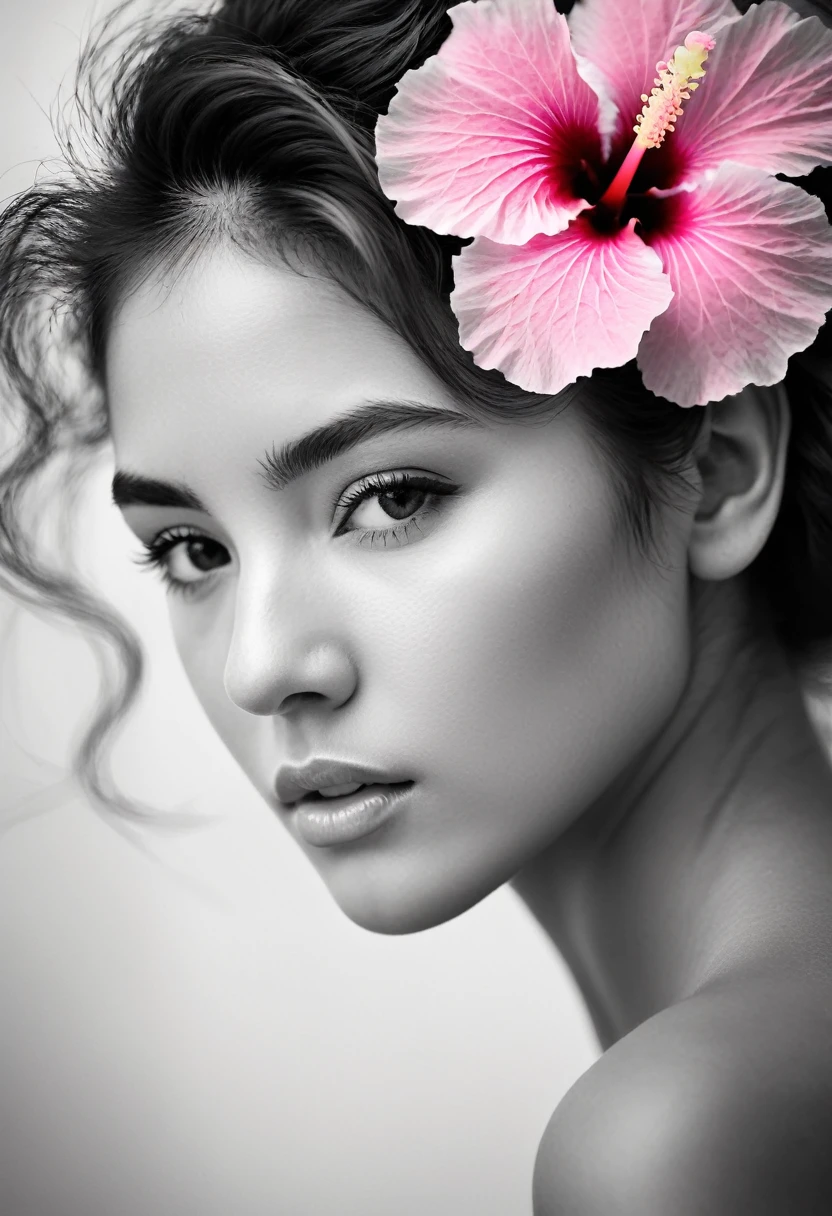 A black and white photo in raw format, zooming in on the intricate details of a young woman's face, shot with a solitary striking Pink Hibiscus, adding a touch of softness and femininity to the composition, enhancing the dramatic contrast and textures of the monochrome image.
