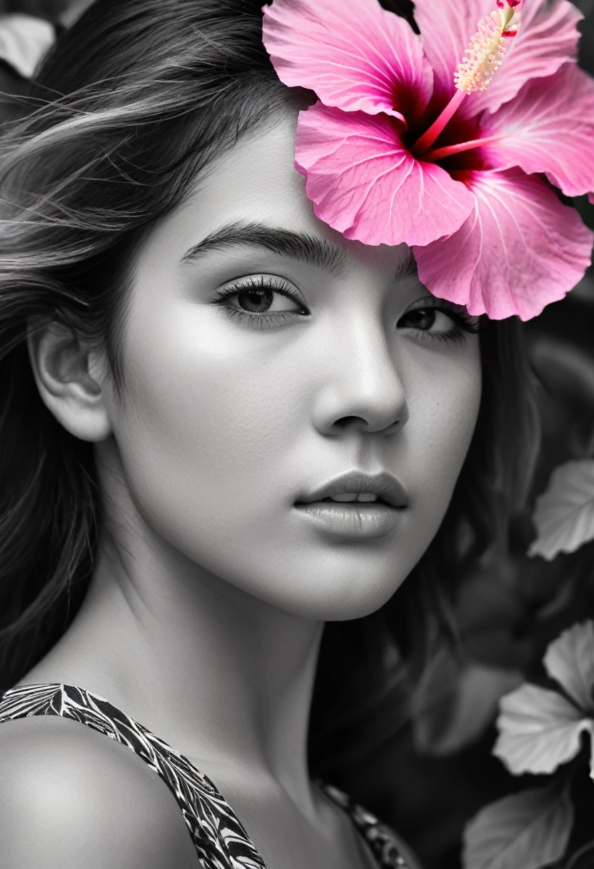 A black and white photo in raw format, zooming in on the intricate details of a young woman's face, shot with a solitary striking Pink Hibiscus, adding a touch of softness and femininity to the composition, enhancing the dramatic contrast and textures of the monochrome image.
