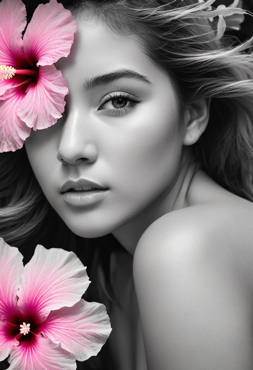 A black and white photo in raw format, zooming in on the intricate details of a young woman's face, shot with a solitary striking Pink Hibiscus, adding a touch of softness and femininity to the composition, enhancing the dramatic contrast and textures of the monochrome image.
