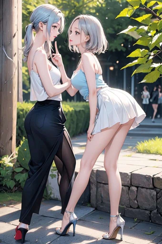 (masterpiece, Highest quality:1.2), 4K, 8k, Intricate details, Art Station, alone, One girl, Mature Woman, NSFW,(Natural finger shape:1.5),4K,masterpiece,((Focus on the face)),((Symmetrical facial features)),Eye for detailed depiction,Beautiful woman,Excellent style,Beautiful feet,(Small Ass,Thin thighs),Detailed depiction of the face,Small earrings,((camisole、flare skirt、High heels)),A park with lush greenery in the early morning,(Two people gazing at each other),blue blonde,,Two Women