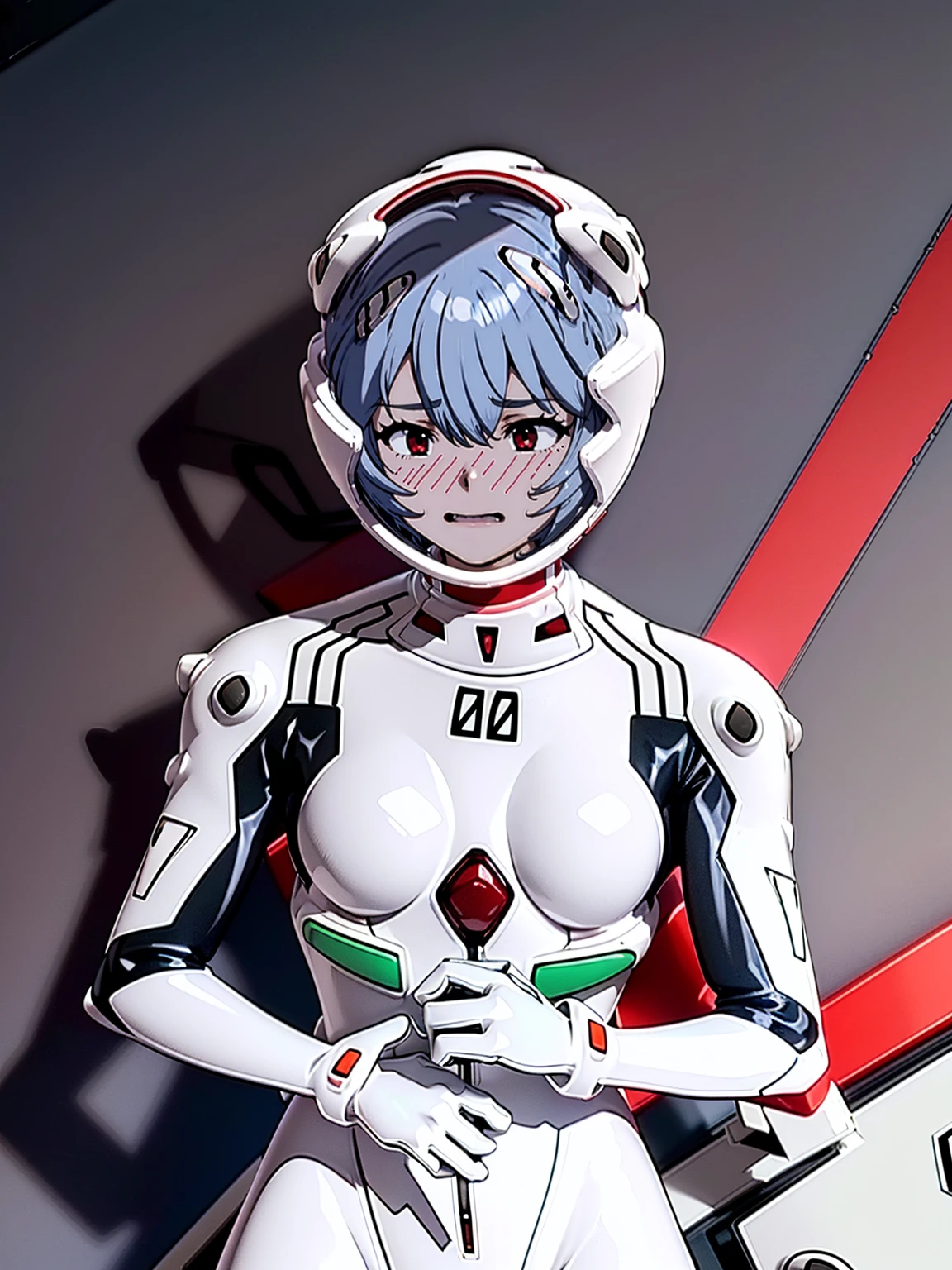 ((Highest quality, 8k wallpaper)),(masterpiece, Highest quality),Very detailed,High resolution,(Official Art:1.3),(((Anime screenshots,Black outline))),One girl,alone, Break mer1,(Rei Ayanami {neon genesis evangelion,}1.2),masterpiece, best quality, outdoor, 1girl, Solo,red eyes,short hair,blue hair, (White plug suit, skintight:1.4), (full blush, ahegao,embarrassed/worried:1.2) , (((Full face helmet with no exposed face and head hair:1.4))),(Eva Helm:1.6),