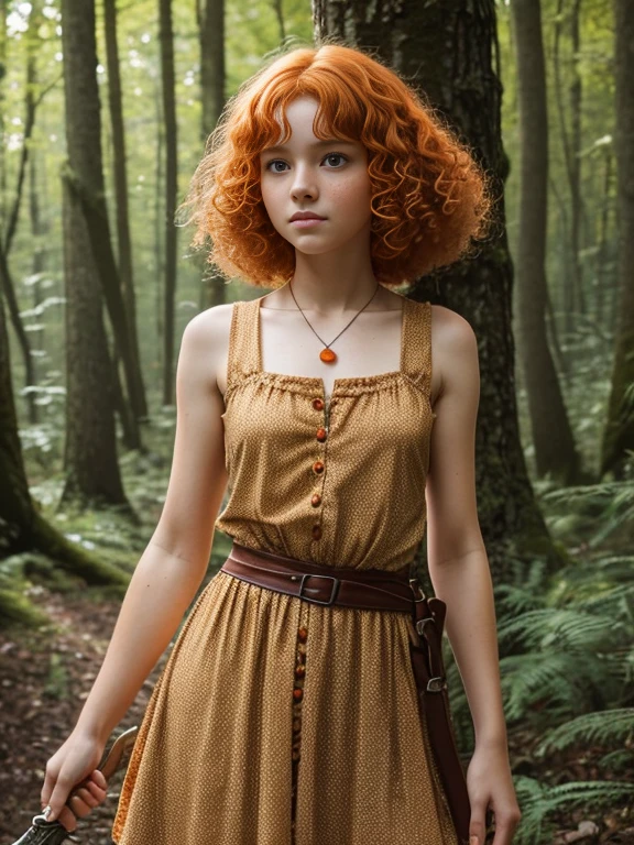 15 year old girl, Lovely, orange hair, Very short, Very curly, slim, flat bust, with freckles on the face, with slavic features, vintage dress, Whole body, two hands, sword in right hand, shows her legs, In the woods.