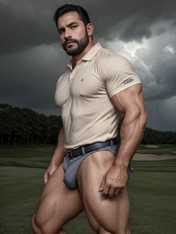 Masterpiece, Best Quality, High resolution, close-up portrait, (1 chico:1.4) A man in golf clothing, muscular, (with shirt: 1.2) male focus, focus alone, tanned skin, 38-year-old man in golf course., muscular, strong, furry, masculine, (shirtless: 1.2), in the background a farm, in a storm, amazing composition, front view, HDR, volumetric lighting, (plano general, FROM THE FRONT:1.2) (GS-Macho :1.5) (magnificent landscape:1.2), macho, thick forearms, thick arms, huge thighs, charming smile, winking