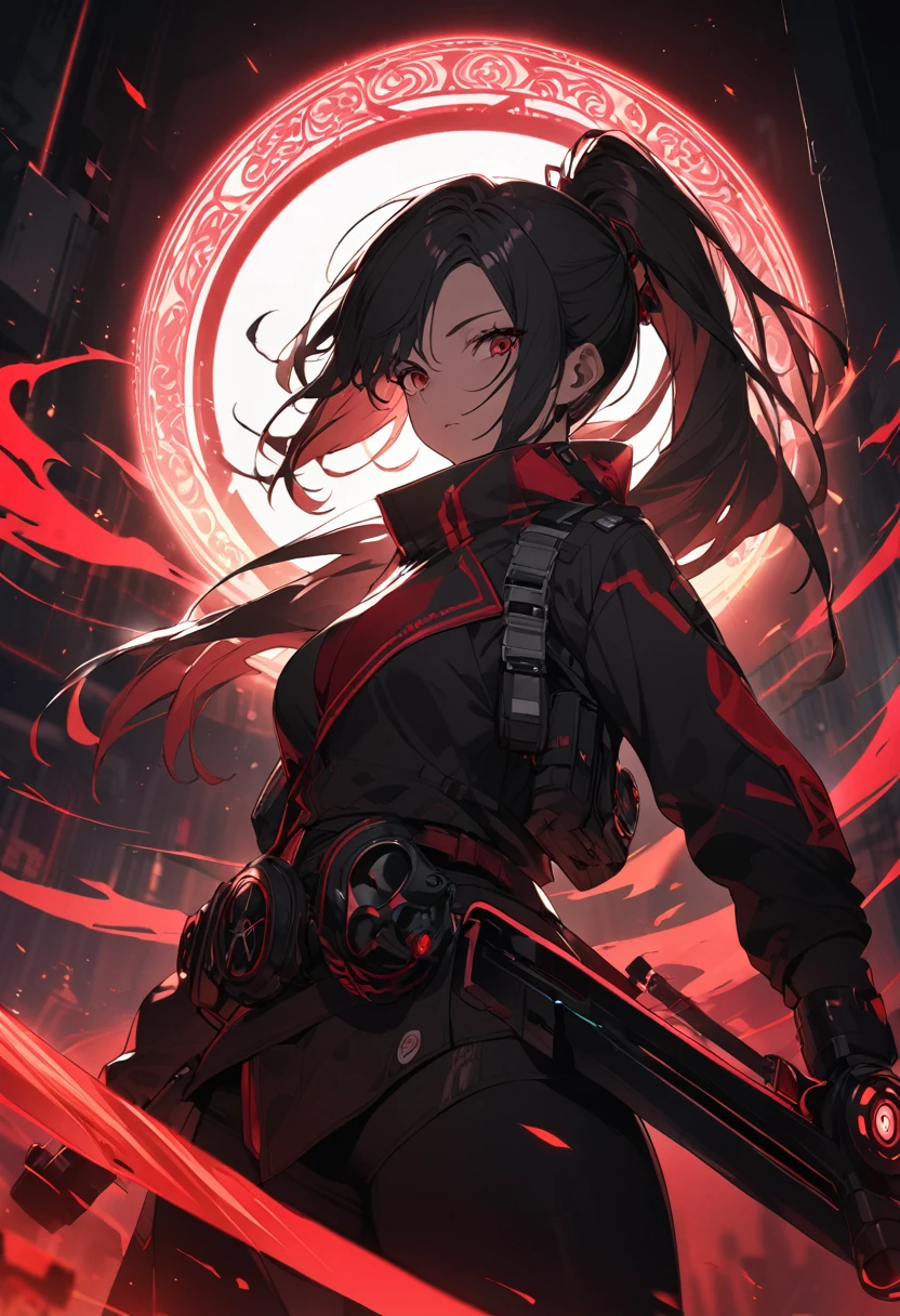 A woman,matured, perfect anatomy, cyberpunk gas mask,long pony tail hair(black hair),red aura,red magic circle,long samurai sword, cinematic lighting, cinematic angle,