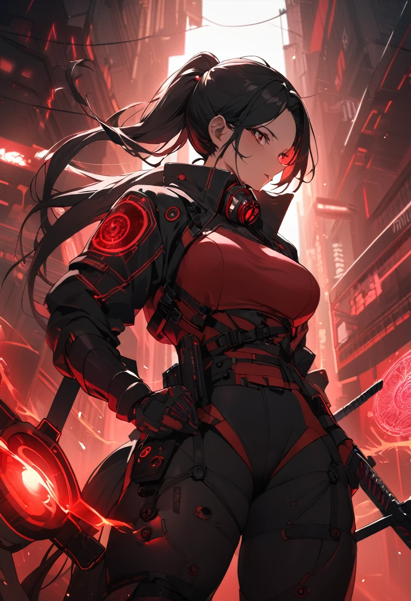 A woman,matured, perfect anatomy, cyberpunk gas mask,long pony tail hair(black hair),red aura,red magic circle,long samurai sword, cinematic lighting, cinematic angle,