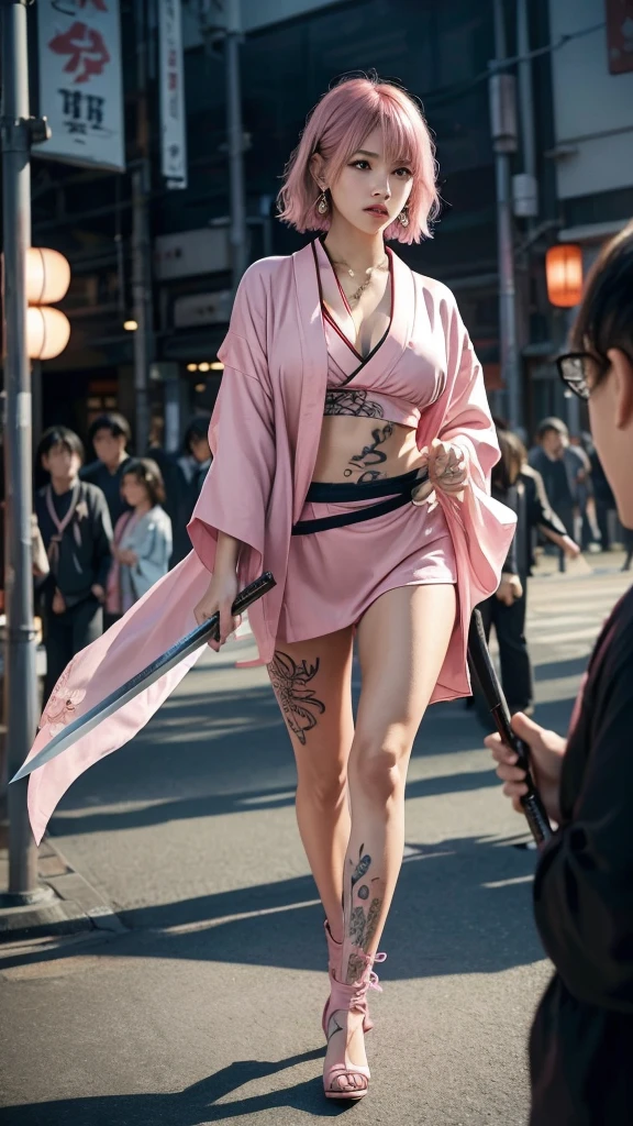 Beautiful Chinese woman, (), cute face, red lips, white moisturized skin, moles, (under-eye bags),
BREAK,
Feminine body with high athletic ability, Body of a female fitness model, Feminine body with hard tones, (Muscles: 1.2), (Beautiful belly button),
BREAK,
Fighter, Kung Fu fighter, Idol, (Yakuza), (Yakuza),
BREAK,
(Wearing a cute dark pink kimono: 1.3), (Kimono with high exposure), (Stiletto heels, black long boots 1.3), necklace, very large earrings, short length,
BREAK,
Short hair, (Short bob hair), (Bangs: 1.2), (Pink hair: 1.3), (Wavy hair),
BREAK,
(Very large Japanese sword: 1.4), (Holding the handle of a Japanese sword: 1.3), (Fighting: 1.2), (Getting into a fighting stance), (Beautiful blade of a Japanese sword: 1.2)
BREAK,
(Japanese tattoo: 1.4),
BREAK,
Masterpiece, Perfect lighting, Ultra high resolution, 8K, (Very detailed: 1.4), (From the front), Looking at the camera, Melancholic expression,
BREAK,
(Tokyo city, lots of people in the background: 1.2), Background of the city of Shibuya, Tokyo, Japan,