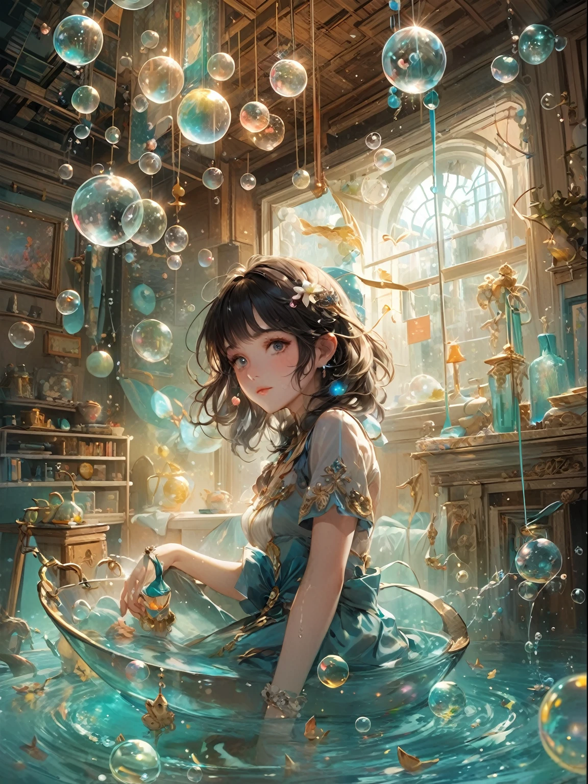 An anime girl in a blue dress、Sitting in a room with bubbles floating around, Anime fantasy illustration, Fantasy art style, artstation pixivでトレンド, Gweiz-style artwork, Beautiful artwork illustration, Anime fantasy artwork, A close-up fantasy using the magic of water, Artgerm Julie Bell Beeple, guweiz on pixiv artstation