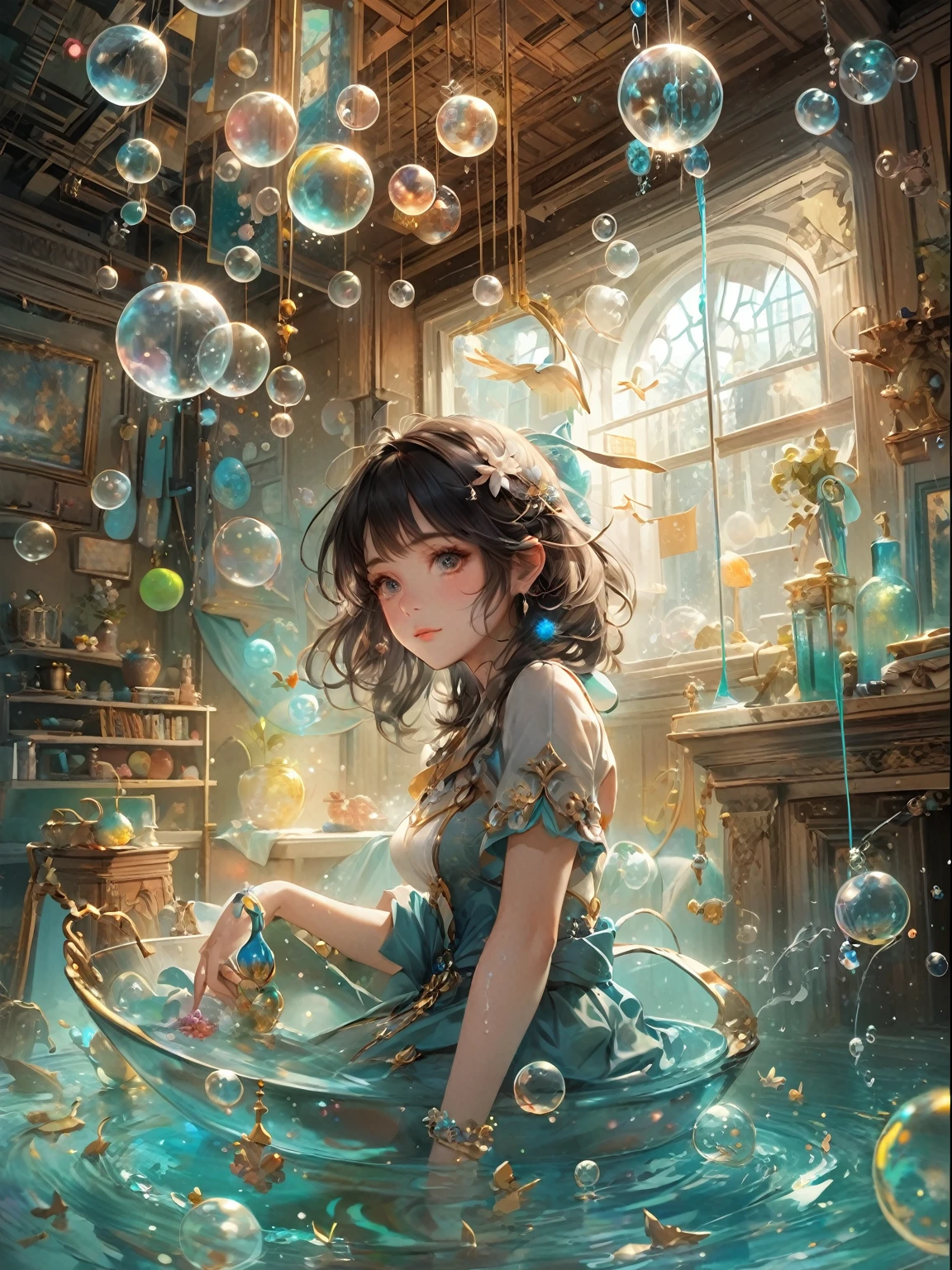 An anime girl in a blue dress、Sitting in a room with bubbles floating around, Anime fantasy illustration, Fantasy art style, artstation pixivでトレンド, Gweiz-style artwork, Beautiful artwork illustration, Anime fantasy artwork, A close-up fantasy using the magic of water, Artgerm Julie Bell Beeple, guweiz on pixiv artstation