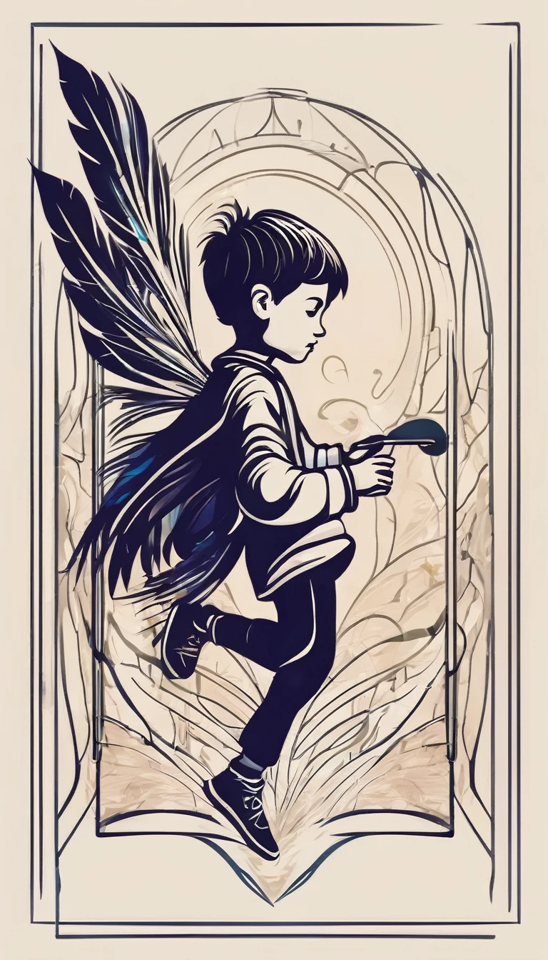 Create a cinematic, abstract symbol for a storytelling production brand based on stories and music called " Penamemoria". The logo should convey a fantasy theme and include the company of a boy and a fantasy bird. Logo design of a running boy with two giant feathers in his hand