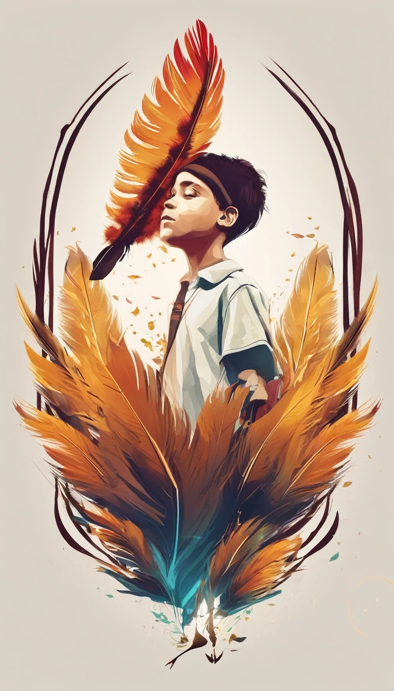 Create a cinematic, abstract symbol for a storytelling production brand based on stories and music called " Penamemoria". The logo should convey a fantasy theme and include the company of a boy and a fantasy bird. Logo design of a running boy with two giant feathers in his hand
