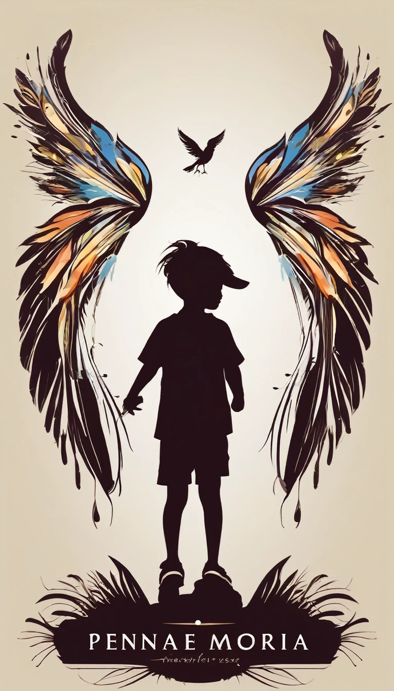 Create a cinematic, abstract symbol for a storytelling production brand based on stories and music called " Penamemoria". The logo should convey a fantasy theme and include the company of a boy and a fantasy bird. Logo design of a running boy with two giant feathers in his hand