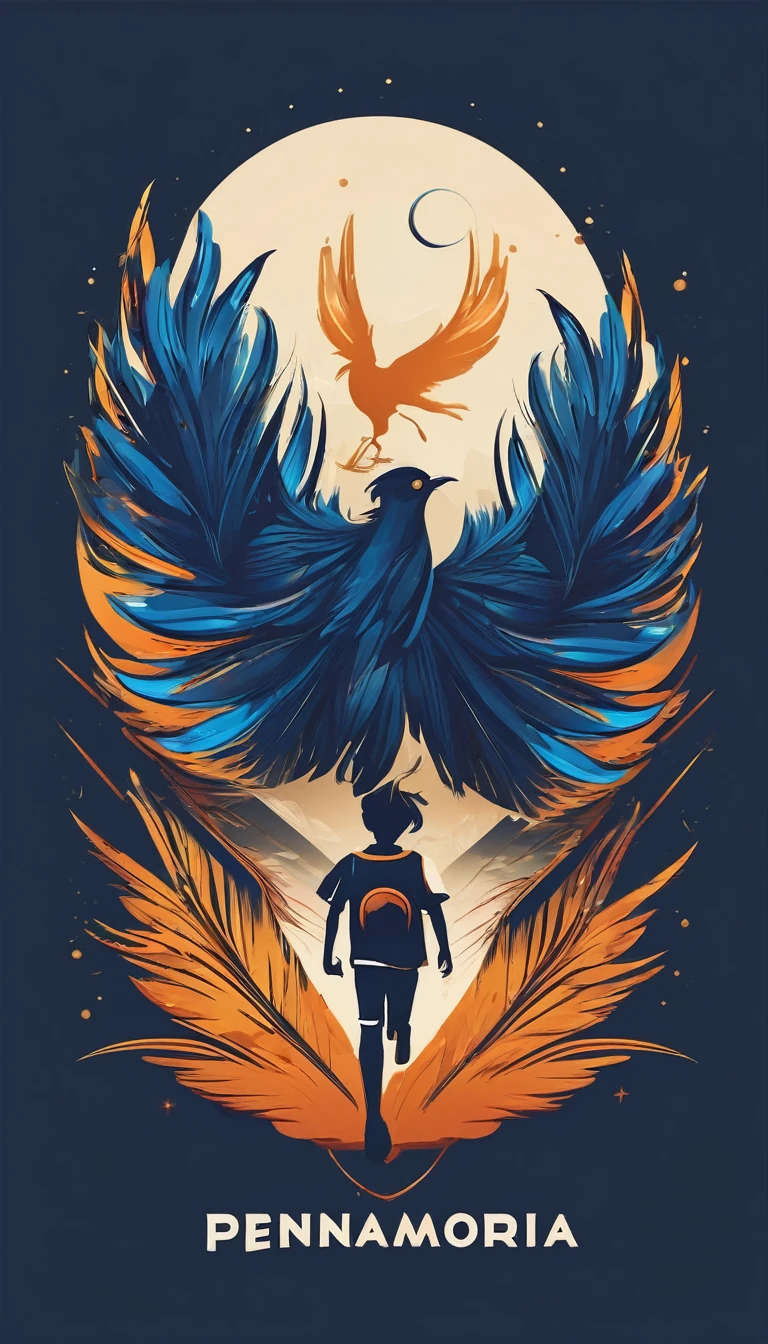 Create a cinematic, abstract symbol for a storytelling production brand based on stories and music called " Penamemoria". The logo should convey a fantasy theme and include the company of a boy and a fantasy bird. Logo design of a running boy with two giant feathers in his hand