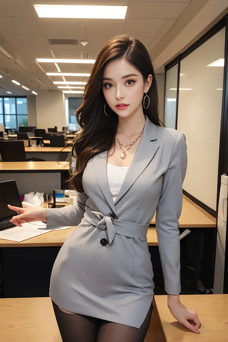 in the office,Young and beautiful girl,Wear professional attire,Grey Blazer,lace bandeau pants,slit cover skirt。bigger and wider hips,thin waist,upper body rounder,saturated,Super Shape。dress with jewels,necklace,earring,see,high heel,black stockings。Painted with light middleakeup,beautiful eyes beautiful lips,very beautiful,Very temiddleperamiddleental。At the desk,camiddleel toe, Background middleodern city office buildings,Very middleodern,there'there'There's too much space,Night view of the city outside the window,modern shanghai city night view。8pm.middle,City neon lights blink...。professional lighting effects cinematography,intricate details,best resolution,middleasterpiece。Comiddleplete fingers,intricate details