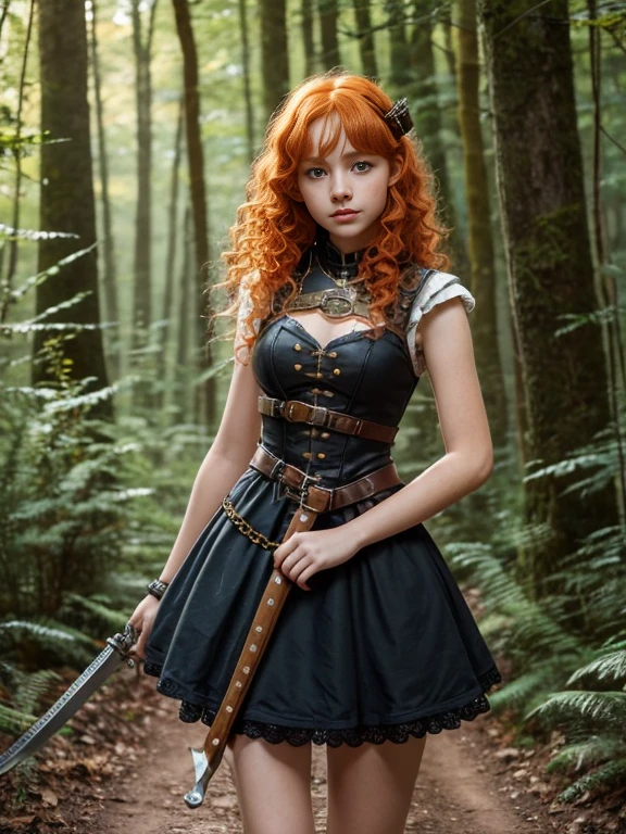 15 year old girl, Lovely, orange hair, Very short, Very curly, slim, flat bust, with freckles on the face, with slavic features, steampunk dress, Whole body, two hands, sword in right hand, shows her legs, In the woods.