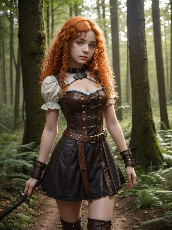  girl, Lovely, orange hair, Very short, Very curly, slim, flat bust, with freckles on the face, with slavic features, steampunk dress, Whole body, two hands, sword in right hand, shows her legs, In the woods.