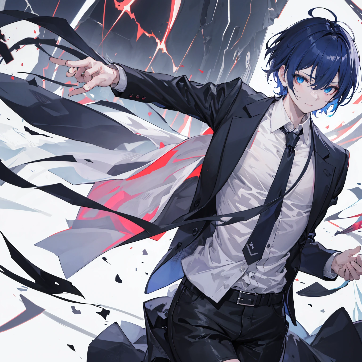 (score_9,score_8_superior,score_7_superior,score_6_superior,score_5_superior,score_4_superior, sauce_anime), 8k, Highest quality, Best lighting, break, 1 person, 27, Toned Up, Male face, Male Eyes, Male Focus, Navy Hair, Glowing blue eyes, (smile: 0.7), Dress shirt, Wide Shot, Very short hair, No background