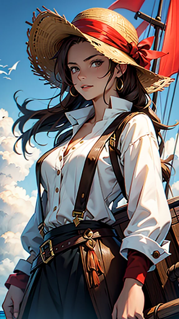 1 female, medium length brown hair, hazel eyes, wearing pirate outfit, at the helm of a pirate ship, wearing straw hat with red band, wearing straw hat