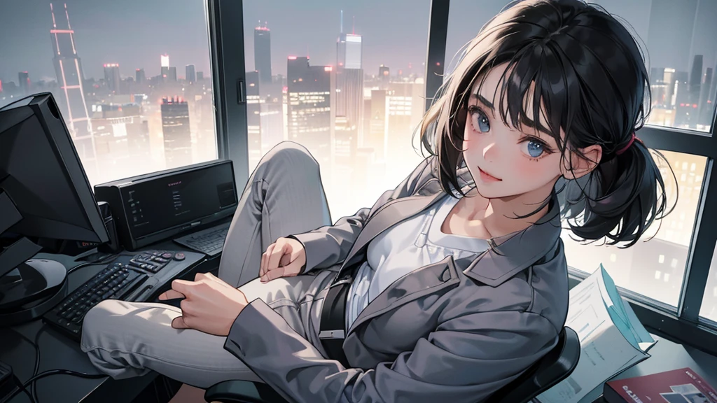 (perfect anatomy:1.2)(absurdres, highres, ultra detailed),masterpiece,best quality,high resolution,8k,Realistic face,Realistic skin texture,magnified textures, stunning clarity,detailed anime girl,(ultra detailed eyes and face),(1 girl:1.7)21years old,she is office worker,smile:1.3,black hair, bob cut,natural make,grey jacket,grey pants,black brouse,,sparkling eyes.small nose,roundface,She sits at her desk, she works a tremendous amount of overtime,No one in the office,midnight,Electricity in the office is almost gone,She works with pc,Outside the window is a night view