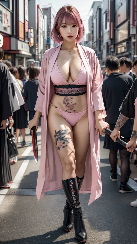 Beautiful Chinese woman, (), cute face, red lips, white moisturized skin, moles, (under-eye bags),
BREAK,
Feminine body with high athletic ability, Body of a female fitness model, Feminine body with hard tones, (Muscles: 1.2), (Beautiful belly button),
BREAK,
Fighter, Kung Fu fighter, Idol, (Yakuza), (Yakuza),
BREAK,
(Wearing a cute dark pink kimono: 1.3), (Kimono with high exposure), (Stiletto heels, black long boots 1.3), necklace, very large earrings, short length,
BREAK,
Short hair, (Short bob hair), (Bangs: 1.2), (Pink hair: 1.3), (Wavy hair),
BREAK,
(Very large Japanese sword: 1.4), (Holding the handle of a Japanese sword: 1.3), (Fighting: 1.2), (Getting into a fighting stance), (Beautiful blade of a Japanese sword: 1.2)
BREAK,
(Japanese tattoo: 1.4),
BREAK,
Masterpiece, Perfect lighting, Ultra high resolution, 8K, (Very detailed: 1.4), (From the front), Looking at the camera, Melancholic expression,
BREAK,
(Tokyo city, lots of people in the background: 1.2), Background of the city of Shibuya, Tokyo, Japan,