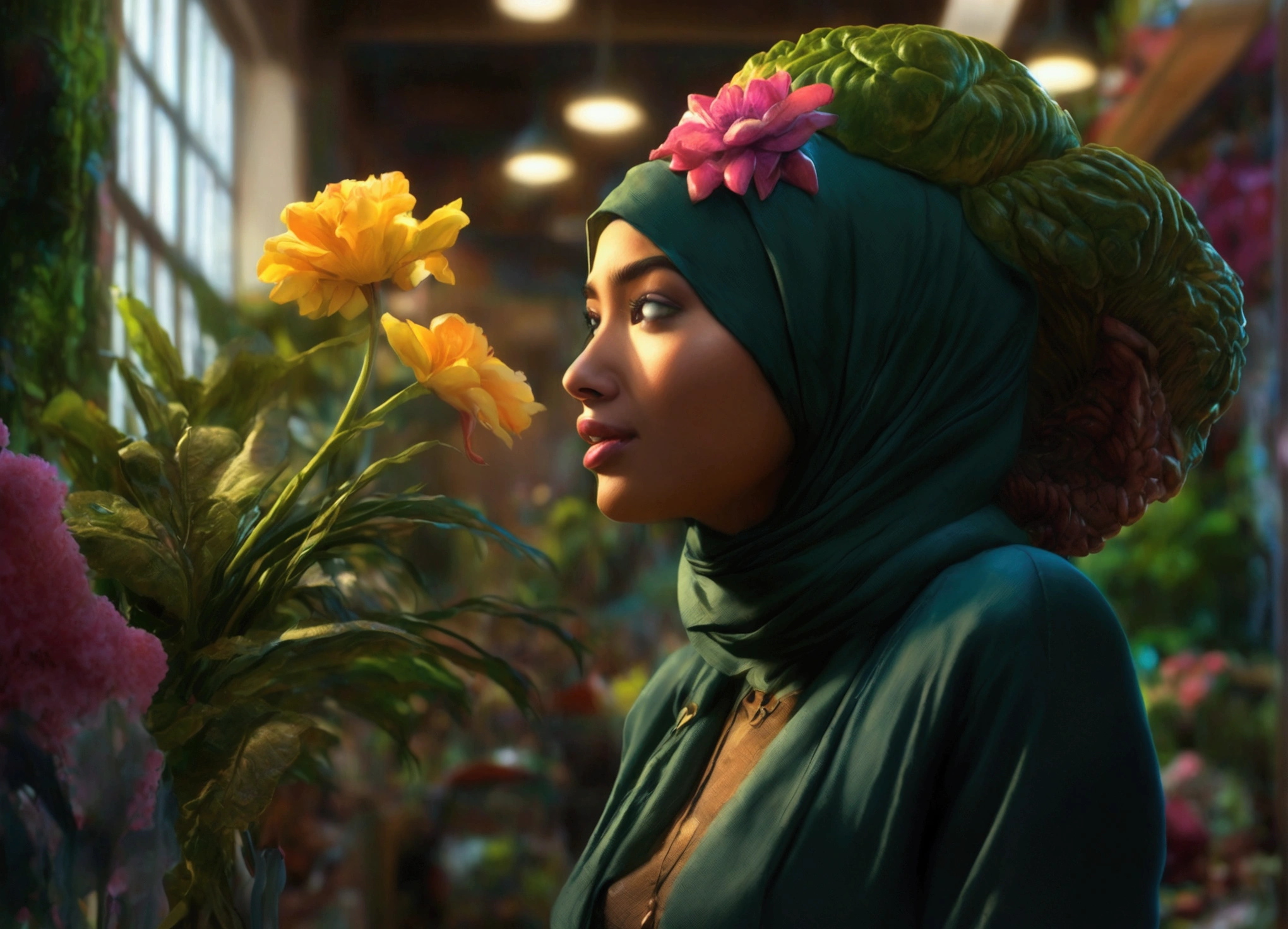 A giant man-eating plant, Audrey2, a sexy young Malaysian woman in a hijab looking into Audrey2's mouth, a flower shop interior, high quality, 8K, photorealistic, dramatic lighting, moody atmosphere, vibrant colors, lush foliage, intricate details, masterpiece
