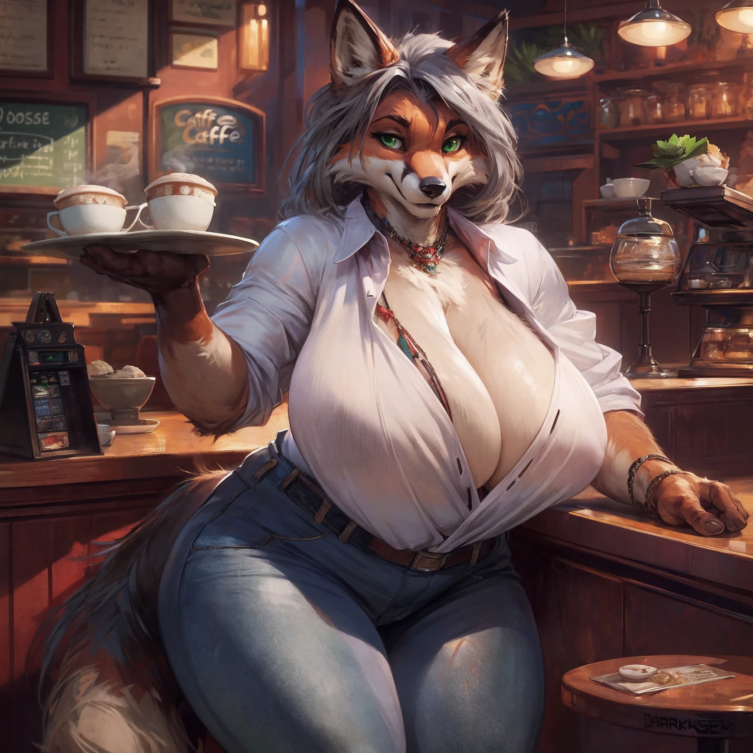  high resolution, (masterpiece: 1.4), (60 years old fox woman),gilf, gray hair, green eyes, high detail eyes,(white blouse and jeans:1.2), cleavage, (cafe:1.2),detailed backround, huge breasts, sagging breasts, (nipple outline:0.75), full body, by darkgem, 