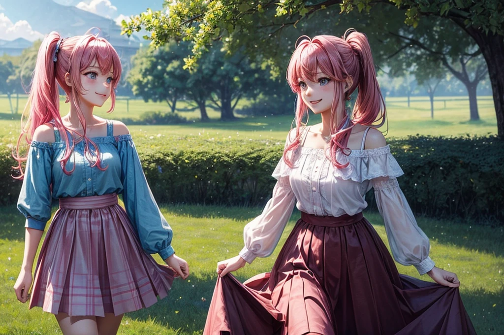 ((masterpiece、Highest quality、High resolution))、Pink Hair、Side ponytail hair、Chiffon skirt、Long skirt、camp、grassland、tent、blue sky、Off-the-shoulder shirt、Checkered clothing、university student、smile、Cowboy Shot