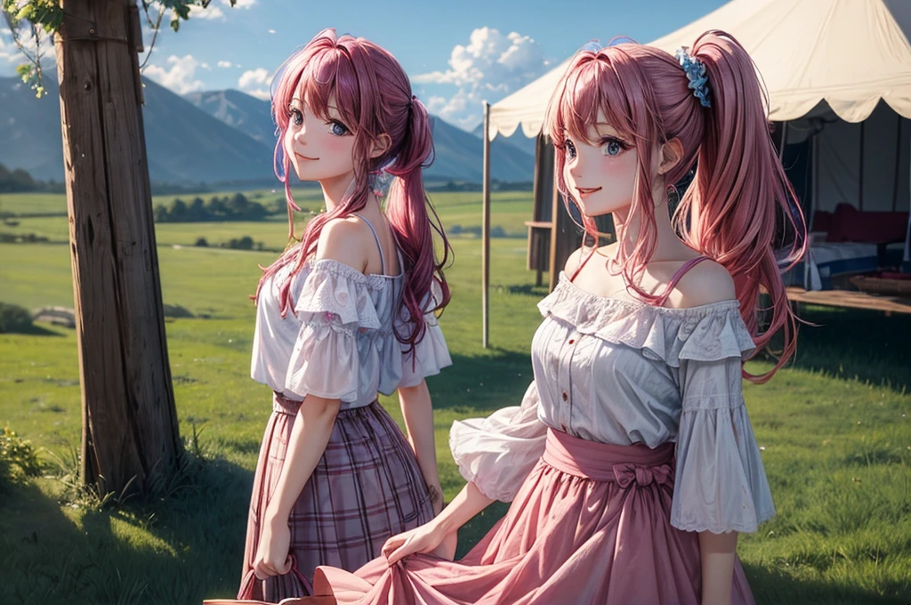 ((masterpiece、Highest quality、High resolution))、Pink Hair、Side ponytail hair、Chiffon skirt、Long skirt、camp、grassland、tent、blue sky、Off-the-shoulder shirt、Checkered clothing、university student、smile、Cowboy Shot