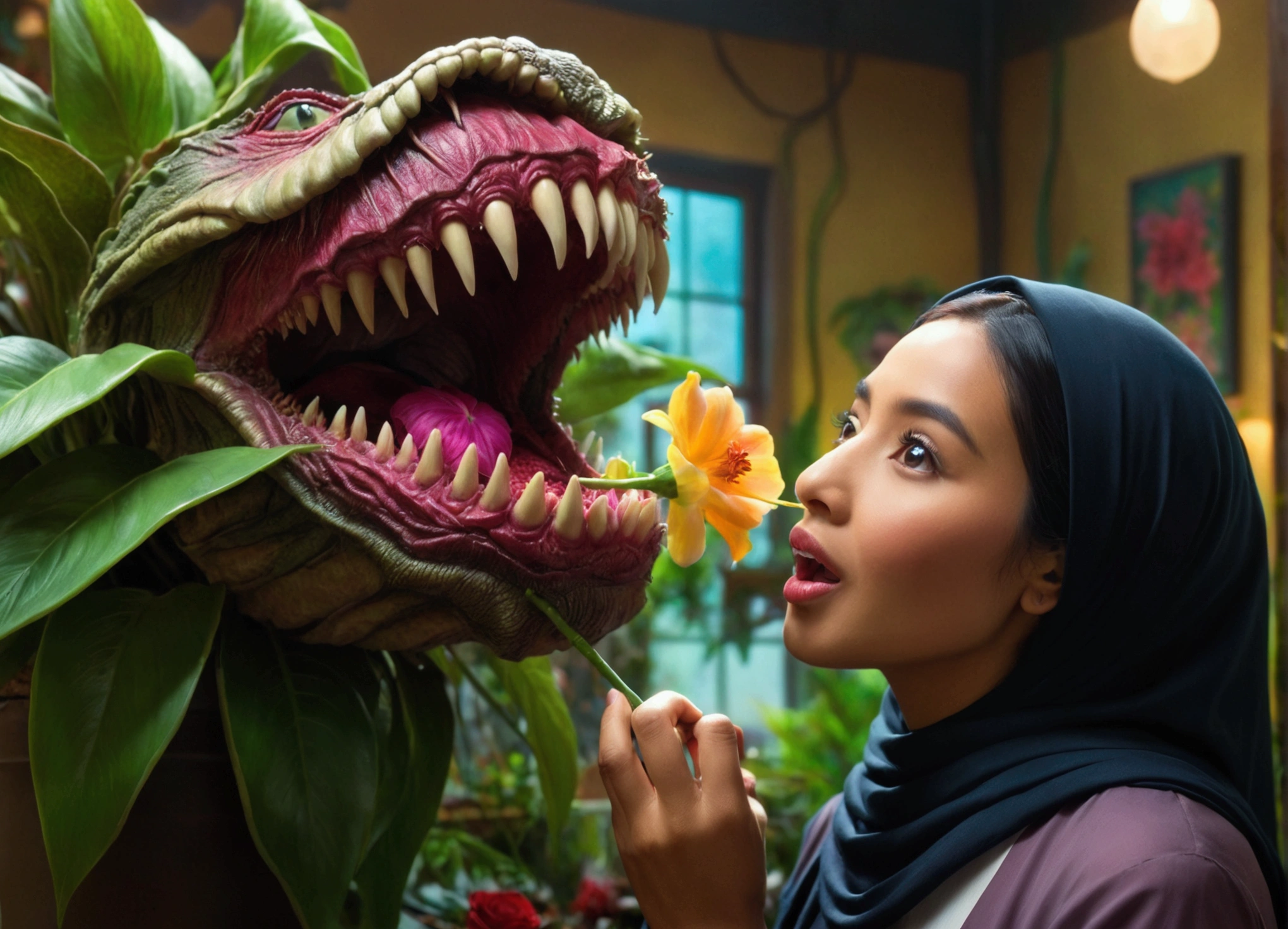 A giant man-eating plant, Audrey2, a sexy young Malaysian woman in a hijab looking into Audrey2's mouth, a flower shop interior, high quality, 8K, photorealistic, dramatic lighting, moody atmosphere, vibrant colors, lush foliage, intricate details, masterpiece