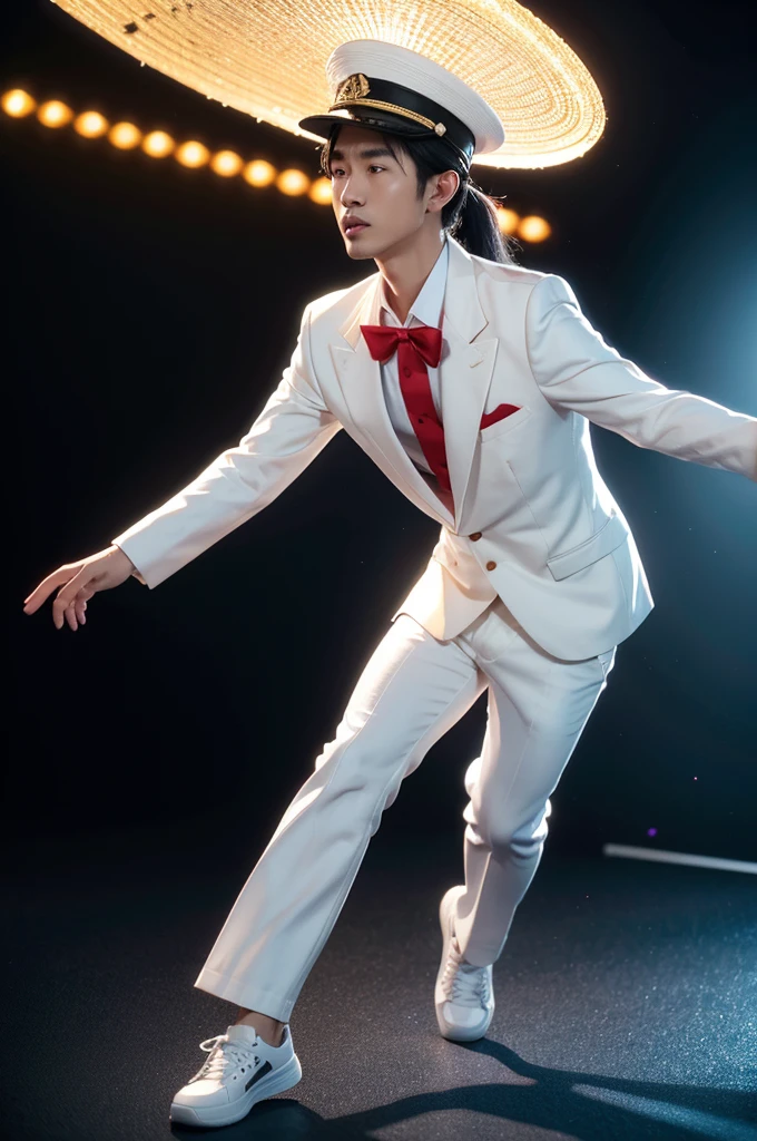 A handsome male jazz musician from Indonesia wears a white panama hat with a red ribbon, a hot muslin shirt with the words "Yusrin Editor" written on it, black jeans and white adidas shoes.playing the saxophone on a smoky club stage., (complex 3D graphics that shine produces high-quality 8k octane HDR UHD professional unreal vray cinematic engine PS5 :1.3).full body