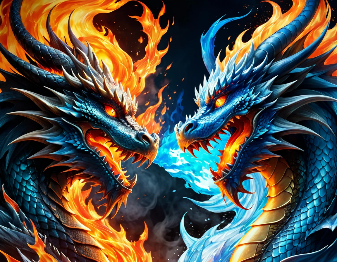 two dragon Face to Face with fiery flames in the background, fire and ice, dragon, fire and ice, dragon艺术, Face to Face, Orange flame/Blue Ice Duality!, 与dragon的战斗, chinese dragon fighting, The struggle between good and evil, Fierce Battle, 4k fantasy art, 4k detailed digital art, 火 火焰 dragon 蛇, Face to Face