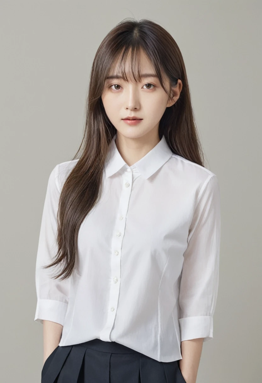 There is a woman with long hair and a white shirt., normal number, korean artist, Minjeong Shin, Jiyoung Kwak, Heonhwa Choi, Louise Zhang, Frontal portrait, jiyun chae, Taejun Kim, Hyunjoo Kim, Artist Yokoyama Arata, nishimiya shouko, professional profile photo, Portrait image, Jaeyeon Nam