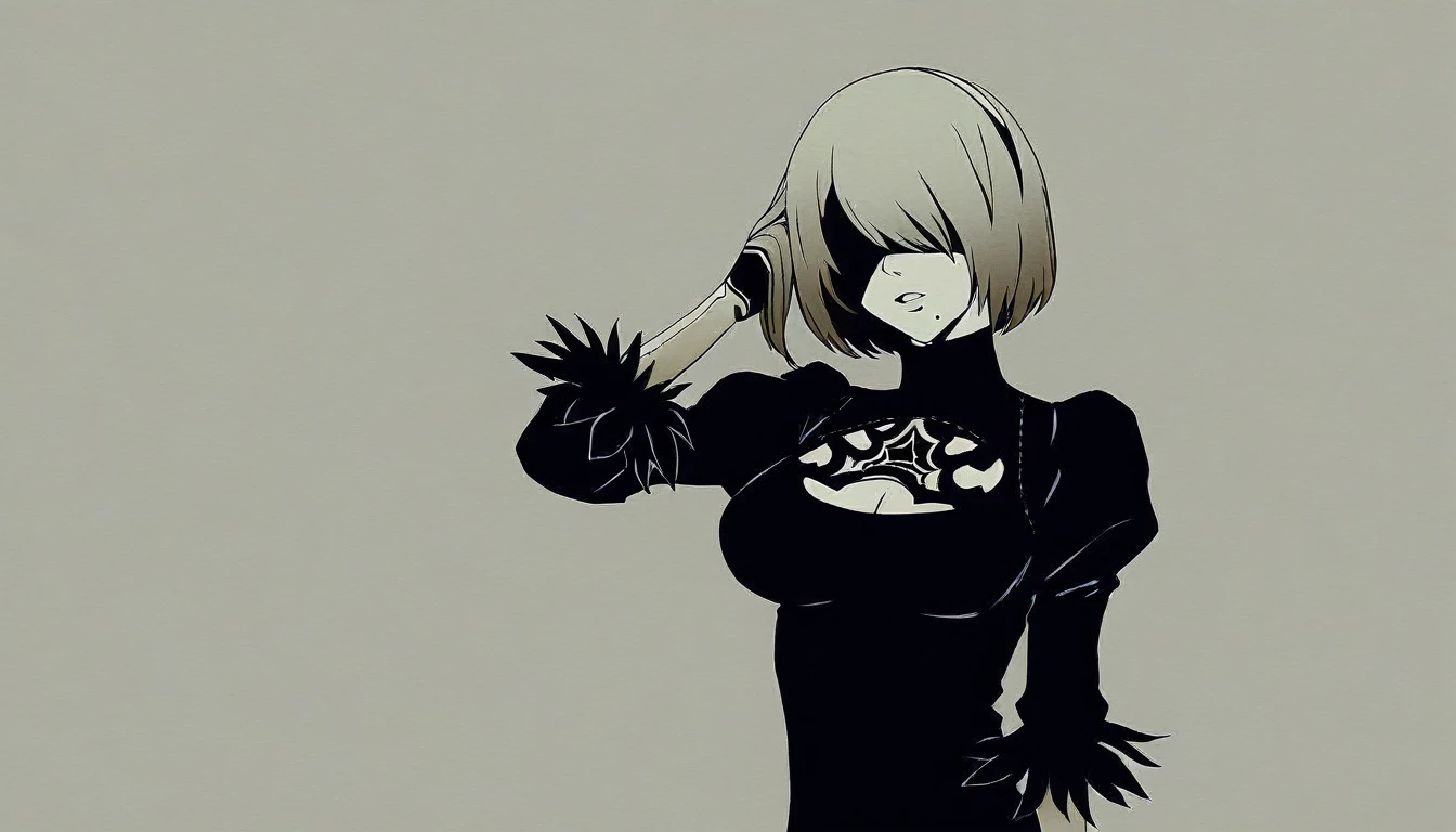 2b \(nier:automata\),medium breasts,hand in hair,parted lips,covered eyes,, zPDXL