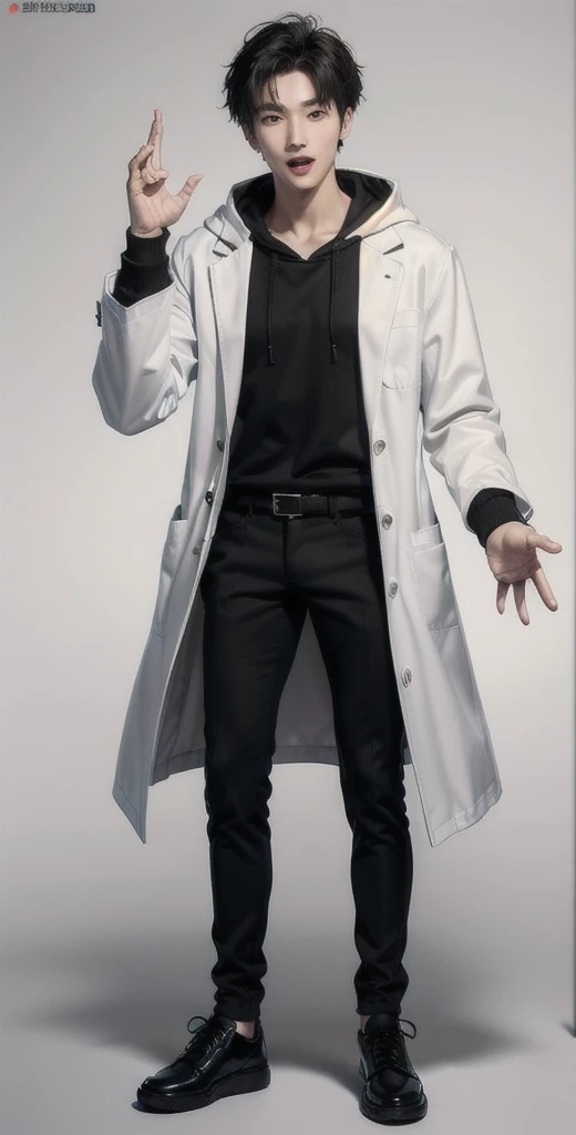 (OK Sign.:1.7),(photorealistic:1.2), (high detail face:1.3), (high detail hands:1.3), (anatomically correct hands:1.2), handsome young asian man, Japanese idol style, short clean-cut hair, ((center part)), (crisp white lab coat:1.3), ((black hoodie underneath:1.2)), (black pants:1.2), (black shoes:1.2), (enthusiastic expression:1.3), ((explain pose:1.4)), (both arms raised:1.3), (clenched fists:1.3), (energetic stance:1.2), plain white background, mid-shot portrait, full body view, high quality, detailed, 8K, (realistic skin texture:1.2), (sharp focus:1.1), (contrast between white coat and black clothing:1.2)