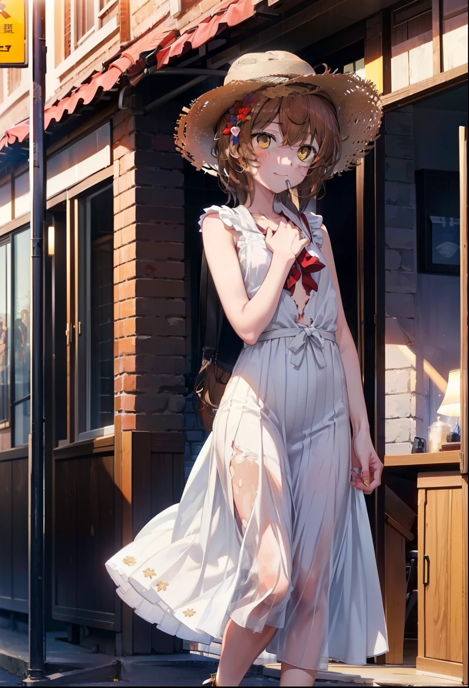 Lililukarde, Liliruka gets burned, , (Brown eyes:1.7), Brown Hair, (Flat Chest:1.2), smile,blush straw hat short hair,White sleeveless dress,Long skirt,Heeled Sandals,Walking,sunset,evening,The sun is setting,whole bodyがイラストに入るように,
break looking at viewer,whole body,
break outdoors, Building district,
break (masterpiece:1.2), Highest quality, High resolution, unity 8k wallpaper, (figure:0.8), (Beautiful attention to detail:1.6), Highly detailed face, Perfect lighting, Highly detailed CG, (Perfect hands, Perfect Anatomy),