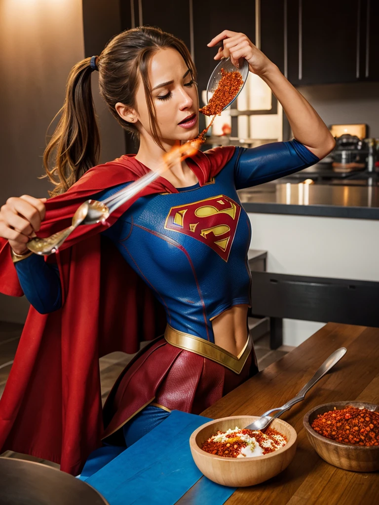 Kind mother in the kitchen,Kitchen utensils in hand,Smiling Face,Wearing a Superman costume,Superman costume S Peugeot replaced with supermom.