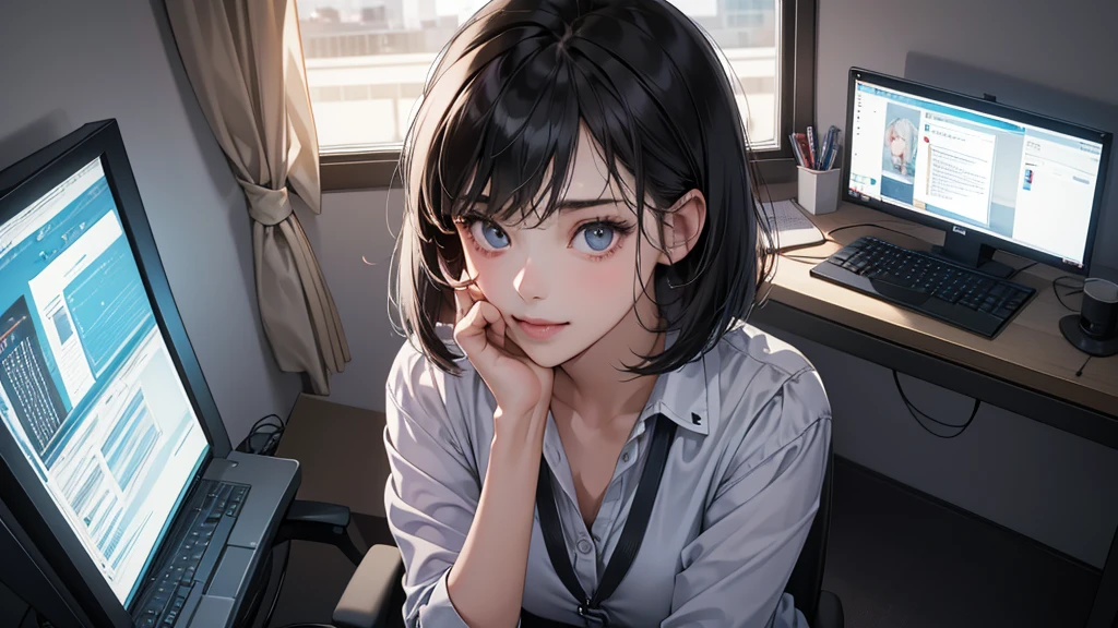 (perfect anatomy:1.2)(absurdres, highres, ultra detailed),masterpiece,best quality,high resolution,8k,Realistic face,Realistic skin texture,magnified textures, stunning clarity,detailed anime girl,(ultra detailed eyes and face),(1 girl:1.7)21years old,she is office worker,smile:1.3,black hair, bob cut,natural make,grey jacket,grey pants,black brouse,,sparkling eyes.small nose,roundface,She sits at her desk, she works a tremendous amount of overtime,No one in the office,midnight,Electricity in the office is almost gone,She works with pc,Outside the window is a night view