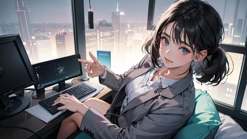 (perfect anatomy:1.2)(absurdres, highres, ultra detailed),masterpiece,best quality,high resolution,8k,Realistic face,Realistic skin texture,magnified textures, stunning clarity,detailed anime girl,(ultra detailed eyes and face),(1 girl:1.7)21years old,she is office worker,smile:1.3,black hair, bob cut,natural make,grey jacket,grey pants,black brouse,,sparkling eyes.small nose,roundface,She sits at her desk, she works a tremendous amount of overtime,No one in the office,midnight,Electricity in the office is almost gone,She works with pc,Outside the window is a night view