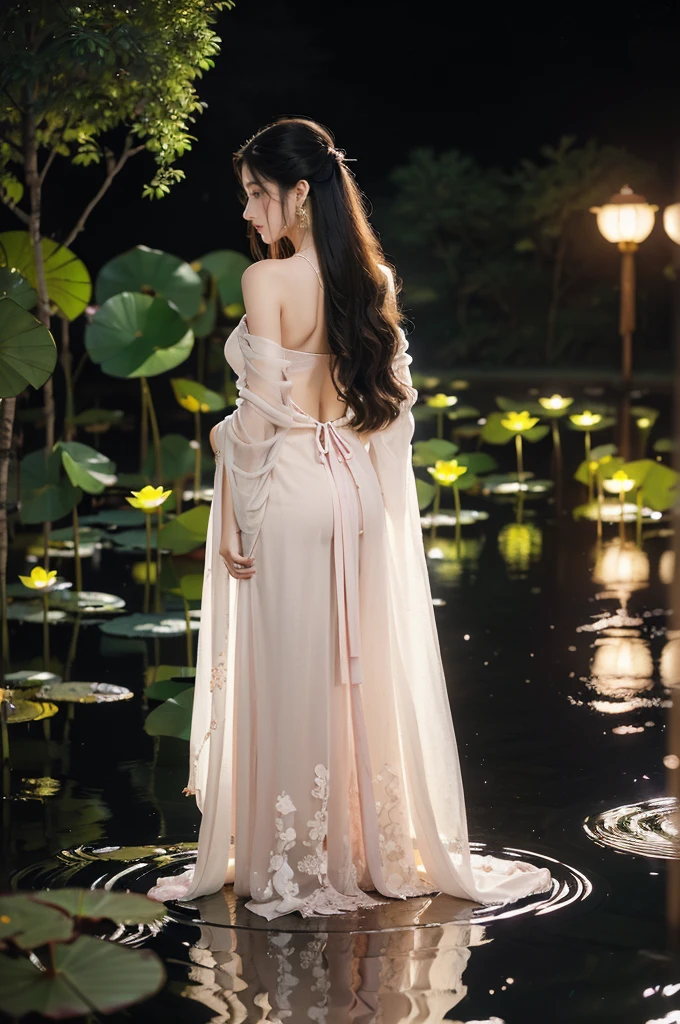 (((best quality))),(((ultra detailed))),(((masterpiece))),illustration,((1 beautiful young  girl,solo)),((slim,thin)),(shoulder length straight hair:1.2),((earrings,necklace)),((bare back,towering hips,butt crack,shoulder off)),(see through traditional pink sheer Hanfu dress:1.3),(beside the lotus pond full of lotus flowers:1.3), serene moonlight, ethereal,floral pattern, water movement, billowing fabric, tranquil, moon reflection, petals, fireflies, magical, light,warm light, dreams, invitation, standing, gazing, reflection, inner thoughts, emotional, sweet scent, natural beauty, solitude, hypnotic lull, eternal summer night, natural world, human spirit, celebration, backdrop, water, glow,((from back,upper body))