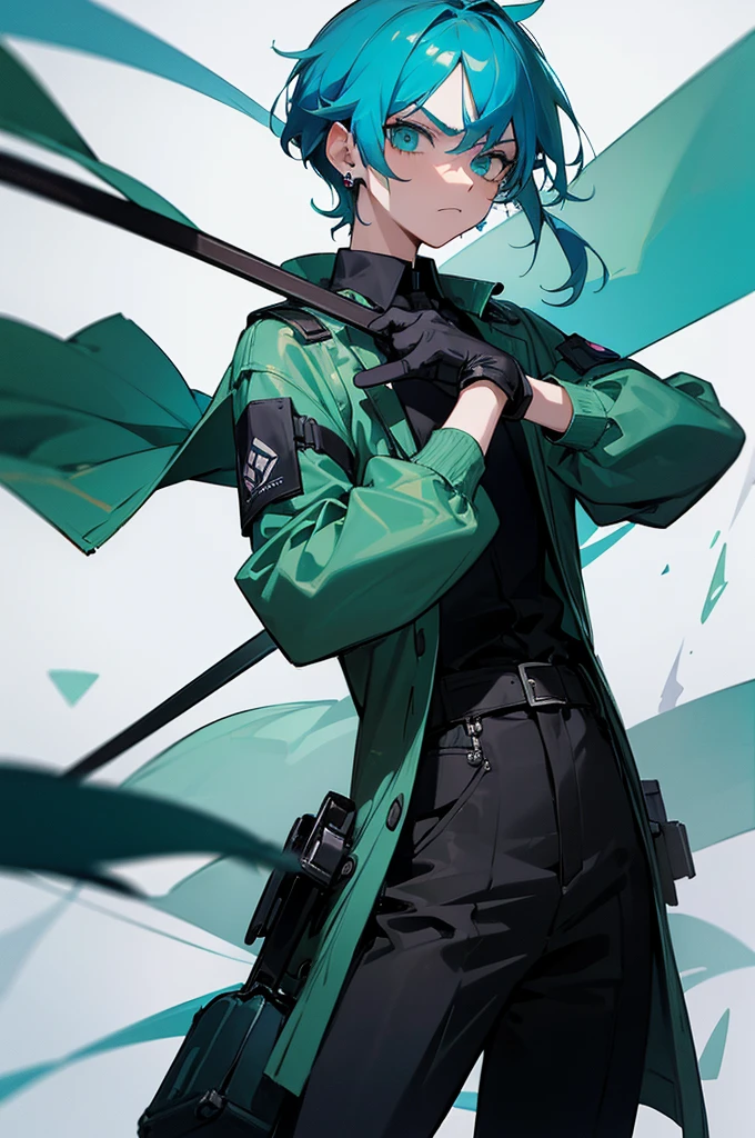 (masterpiece, best quality, highres, ultra detailed:1.2), (solo, 1boy, cowboy shot), korimiku, blue hair, green eyes, blue eyelashes, gloves, earrings, jacket, bag, BREAK, frown, serious expression, metal bars floating aaround them, black shirt, young adult,