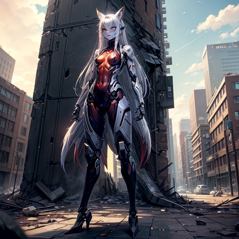 (Fox Girl, Fox Ears, Silver Hair, Fox Makeup, One Girl, Long Hair, Alone on the screen, dark skin:1.6), (mecha musume, Machinery Parts,Robot Joints, White and red clothes, Full body mechanical suit:1.8), (Body measurements are 75-60-75!, Young girl body, Small breasts, Proudly, Standing posture, slender, muscle:1.9), Avatar, face, lewd face, Dominant representation, naughty face, Uplifting, Skin Texture, outside, ruins, Ruined City, Broken Building, There are no people