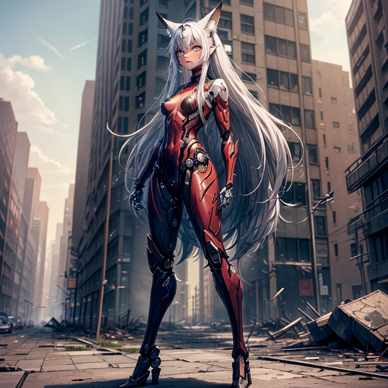(Fox Girl, Fox Ears, Silver Hair, Fox Makeup, One Girl, Long Hair, Alone on the screen, dark skin:1.6), (mecha musume, Machinery Parts,Robot Joints, White and red clothes, Full body mechanical suit:1.8), (Body measurements are 75-60-75!, Young girl body, Small , Proudly, Standing posture, slender, muscle:1.9), Avatar, face, lewd faDominant retation, naughty face, Uplifting, Skin Texture, outside, ruins, Ruined City, Broken Building, There are no people