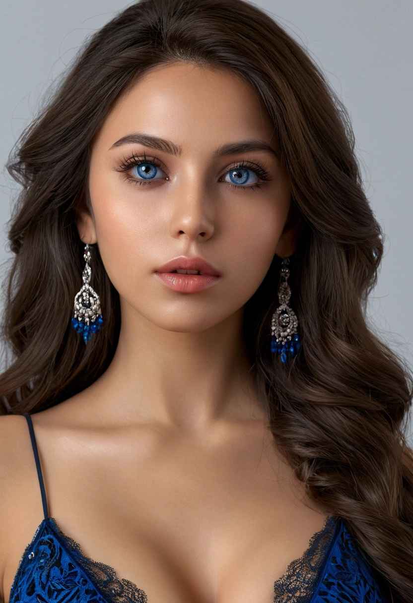 Beautiful detailed eyes,beautiful detailed lips,extremely detailed eyes and face,long cils,1fille,toe,brunette woman,native characteristics,longs cheveux noirs,Chemise de nuit bleue,deep neckline,Partially visible breasts,best quality,4K,8k,high resolution,head of&#39;artwork:1.2,ultra-detailed,realistic,photorealistic,photo-realistic:1.37,HDR,uhd,studio lighting,Ultra fine paint,sharpness,Physics-based rendering,extremely detailed description,professionnel,Couleurs vives,bokeh,portraits