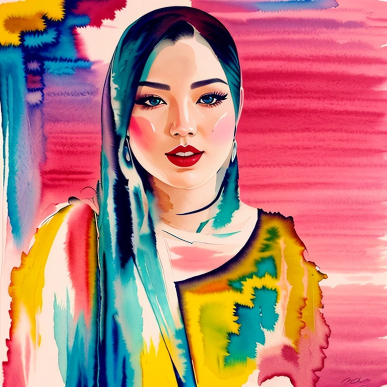 Watercolor painting featuring a young woman with fair skin and dark hair styled in a high bun. The artwork employs a vibrant palette dominated by shades of blue, with splashes of yellow and green. The background and parts of the subject's body blend seamlessly into abstract, fluid brushstrokes, creating a dynamic and ethereal effect. The woman's facial features are delicately rendered, with a focus on her expressive eyes and red lips. The overall composition is both striking and harmonious, showcasing the artist's skill in blending realism with abstract elements.