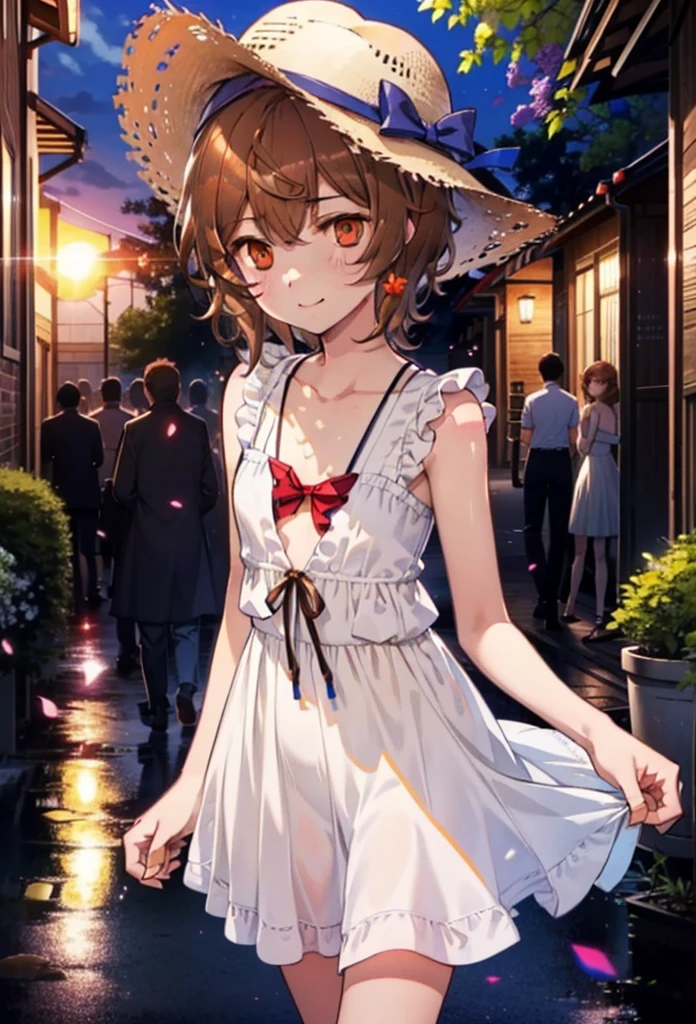 Lililukarde, Liliruka gets burned, , (Brown eyes:1.7), Brown Hair, (Flat Chest:1.2), smile,blush,Straw hat short hair,White sleeveless dress,Long skirt,Heeled Sandals,Walking,sunset,evening,The sun is setting,whole bodyがイラストに入るように,
break looking at viewer,whole body, (Cowboy Shot:1. 5)
break outdoors, Building district,
break (masterpiece:1.2), Highest quality, High resolution, unity 8k wallpaper, (figure:0.8), (Beautiful attention to detail:1.6), Highly detailed face, Perfect lighting, Highly detailed CG, (Perfect hands, Perfect Anatomy),