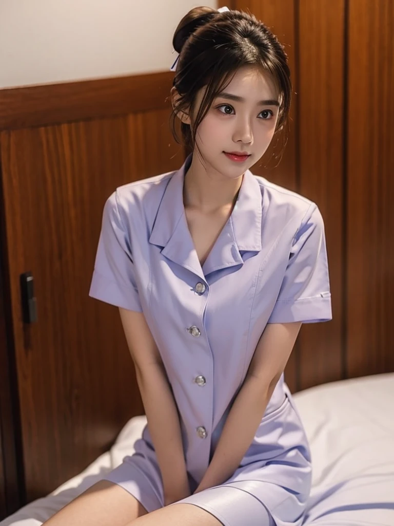 Masterpiece, best quality, 8k, photorealistic, anatomically correct, depth of field, thai nurse, 21 years old, light brown hair, tie hair into a bun, Big eyes, Long eyelashes, Bloated cheeks, Little smile, small nose, Short chin, Smooth and soft skin, Long, slender neck, The figure is very thin., Dark eyebrows, Blush red cheeks, Eyes on the camera, small breasts, Long, slender thighs, Nurse Cap, white nurse uniform, collar shirt, shirt buttons, very short skirt, tug skirt, sitting on the bed, hospital