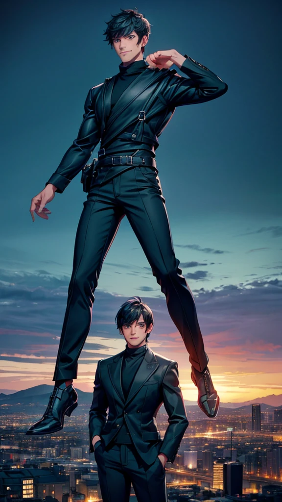 A man standing on a hill At night with a warm smile, cool pose, black clothes, black pants, black two block haircut, greenish blue eyes, handsome, muscular, Below the hill you can see a beautiful urban view